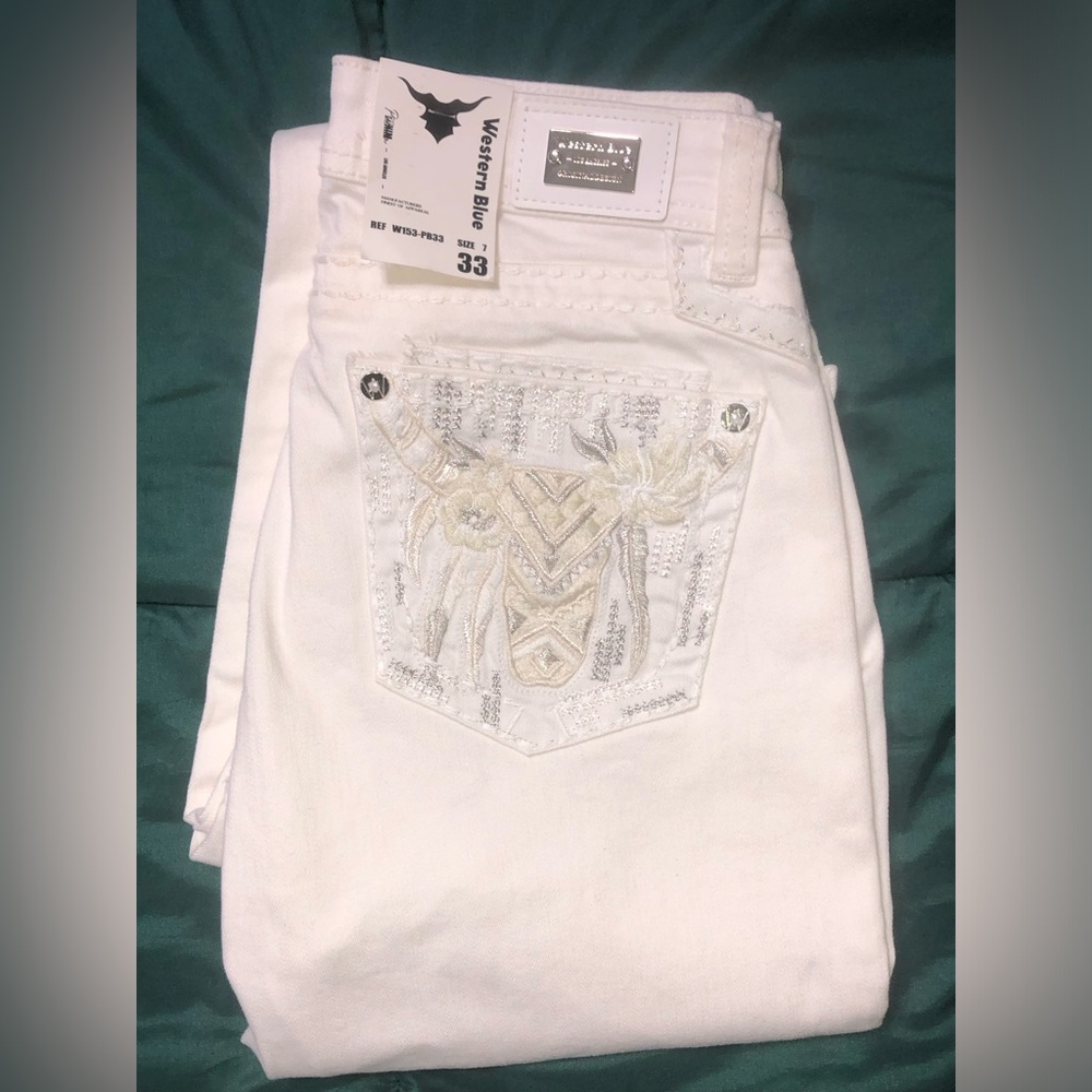 Western Blue Denim White Bootcut Jeans Size 7 33 W/Bull Tag And Horseshoe Charm